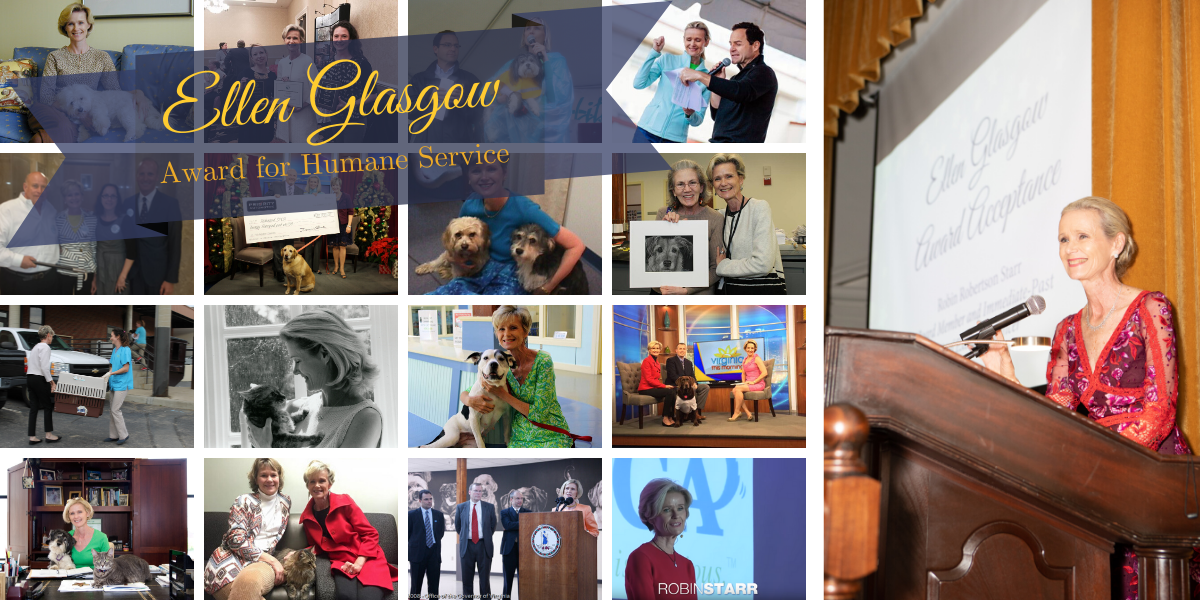 Collage of photos of Robin Starr with the text "Ellen Glasgow Award for Humane Service"